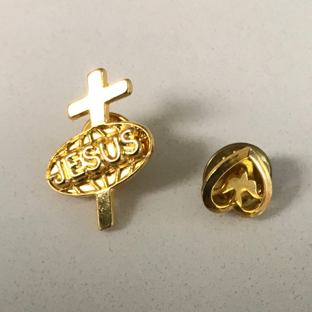 Vintage Gold tone Jesus Cross Hat Lapel Pin Brooch and Dove in Heart Pin